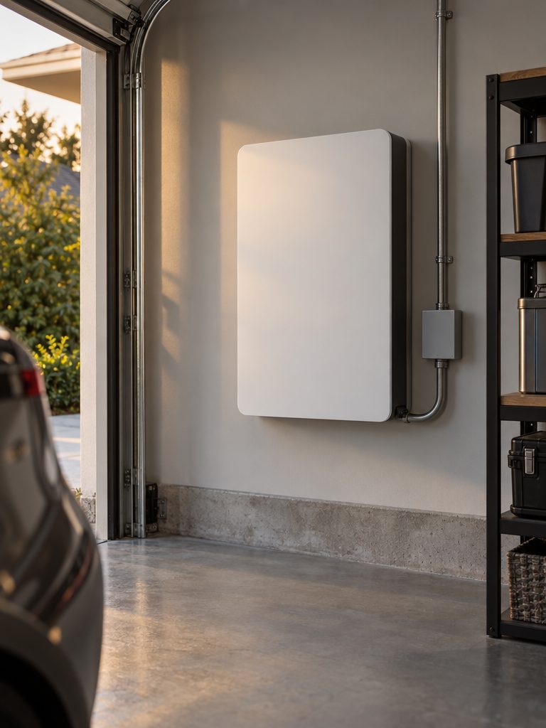 Wall-mounted home battery in a clean garage